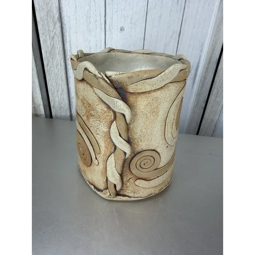 Vintage Signed Art Pottery Coil Vase Artist Swirl Brown Handmade Unique